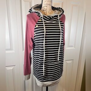 Striped Black and White Hoodie with Burgundy Sleeves